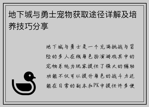 地下城与勇士宠物获取途径详解及培养技巧分享