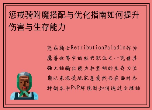 惩戒骑附魔搭配与优化指南如何提升伤害与生存能力